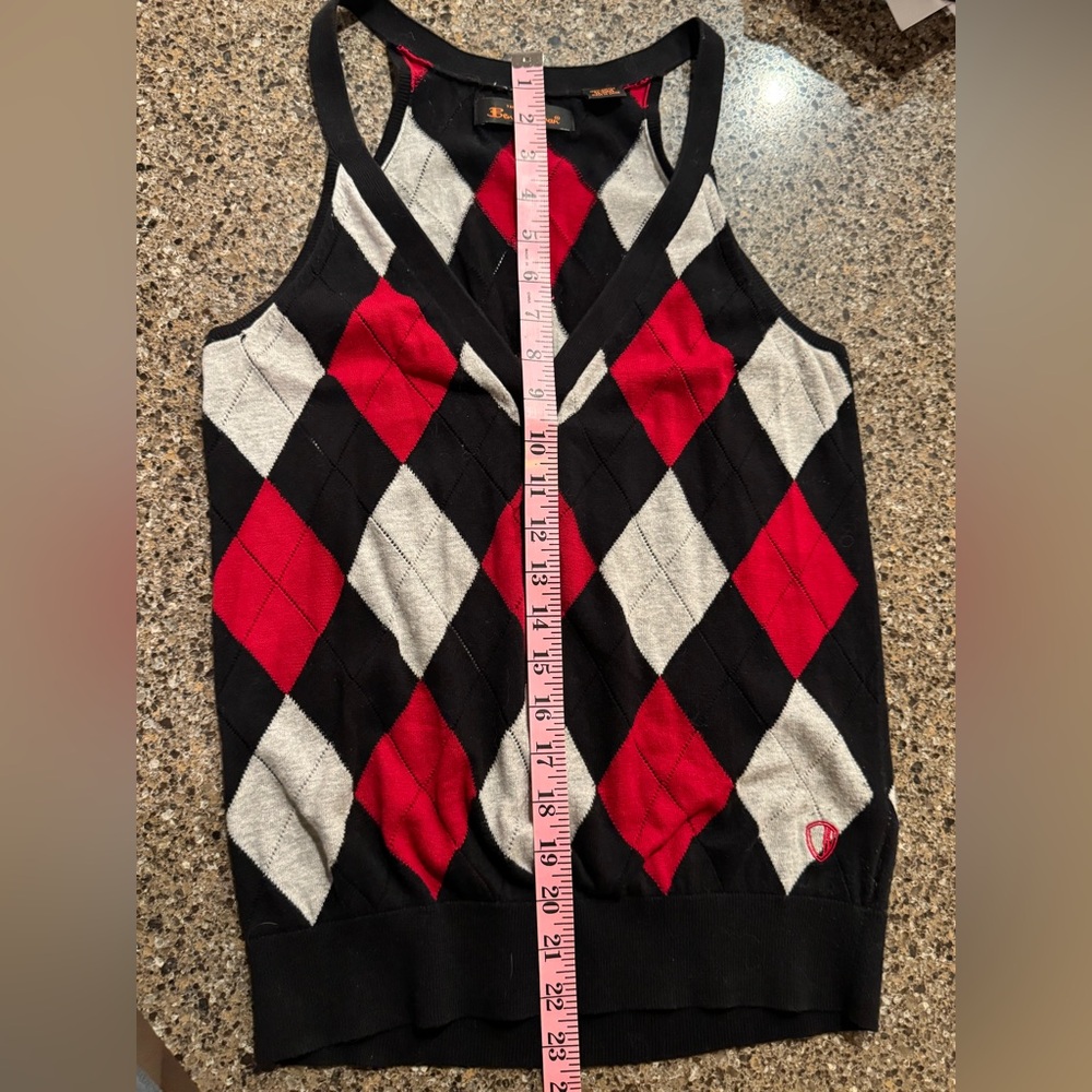 Ben Sherman Argyle Knit Sweater Vest in Red, Black, and Gray - L 100% Cotton